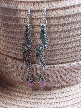 Silvertone Pink Marble Stone drop Dangle Earrings New